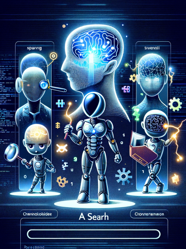 DALL·E 2023-11-17 13.11.26 - An illustrated web story showcasing the top 5 AI search engines. The first scene features a sleek, futuristic AI character with a digital brain, repre