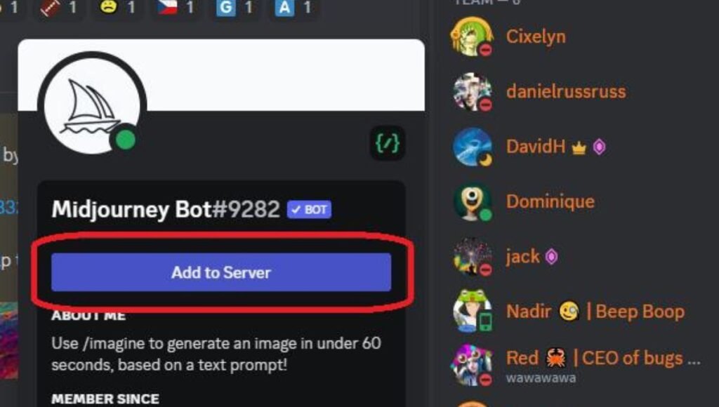 Midjourney Bot "add to server"